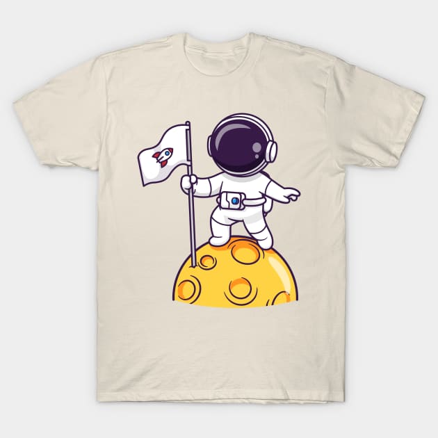 Cute Astronaut Holding Flag On Moon Cartoon T-Shirt by Catalyst Labs